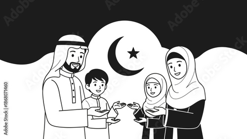 Muslim Family Celebrating Ramadan or Eid, Giving Charity