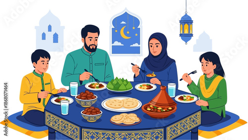 Muslim Family Celebrating Ramadan Iftar Meal Together