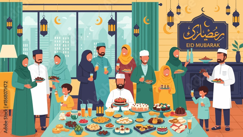 Muslim Family Celebrating Eid Mubarak Gathering with Delicious Food Spread