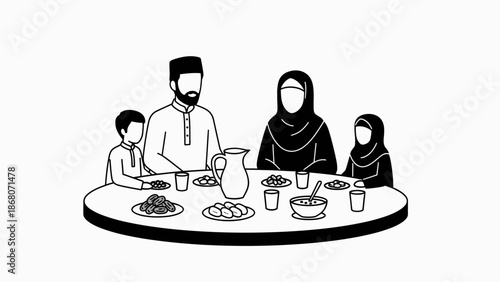Muslim Family Enjoying Meal Together, Ramadan Iftar, Cultural Illustration