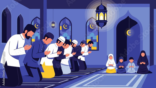 Muslims Praying in Mosque during Ramadan, Islamic Culture and Faith
