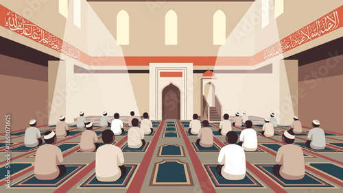 Muslims Praying Together in Mosque Hall, Islamic Worship and Community