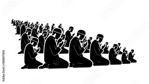 Muslim men praying together in rows, Islamic prayer, community worship, faith