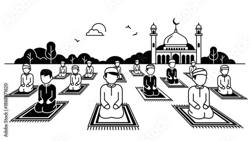 Muslims Praying Together on Mats in Front of Mosque