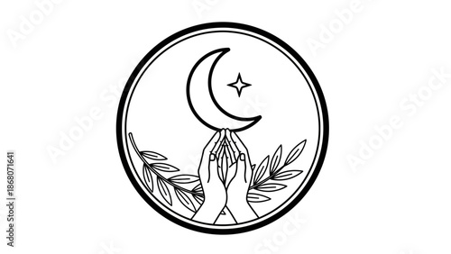 Mystical Crescent Moon and Star Held by Hands with Laurel Branches