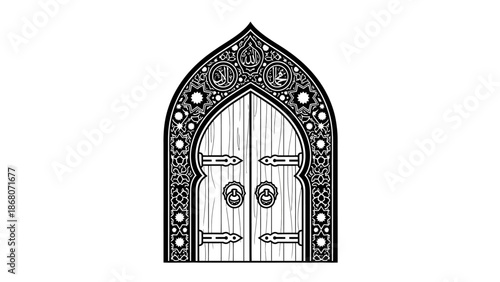 Ornate Gothic Arch Door with Intricate Carvings and Metal Hardware