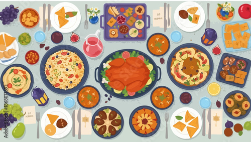 Overhead View of Festive Ramadan Iftar Meal Spread with Dates, Fruits, and Savory Dishes