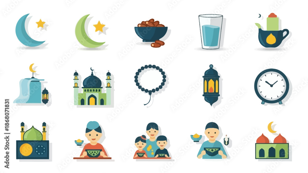 Fototapeta premium Ramadan Icons Set: Moon, Mosque, Dates, Water, Prayer Beads, Lantern, Clock, Family