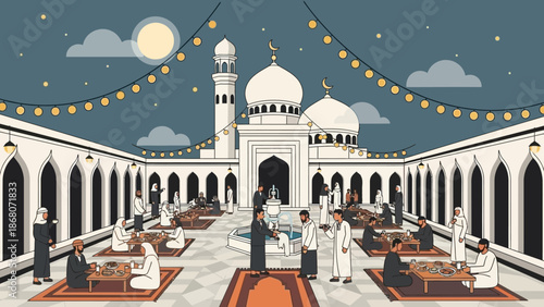Ramadan Iftar Gathering at Mosque Courtyard, Festive Lights and People Dining