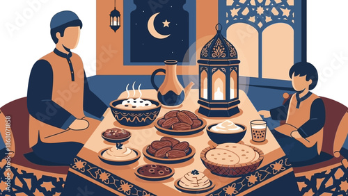 Ramadan Iftar Family Gathering, Dates, Food, Lantern, Moon and Stars