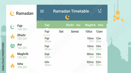 Ramadan timetable app interface, Islamic prayer times, crescent moon icon