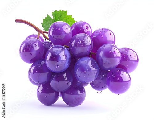 Cluster of glossy purple grapes with a leaf, isolated on white