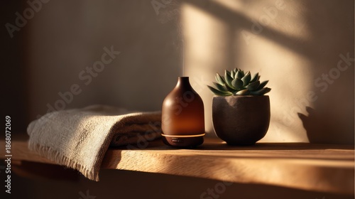 A minimalist shelf holds three items: an amber diffuser a small succulent in a ceramic pot and a
