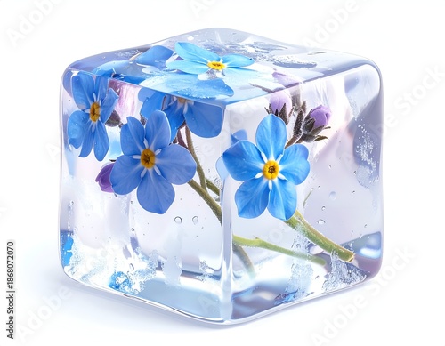 Blue flowers frozen in a clear ice cube against a white background