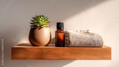 A minimalist shelf holds three items: an amber diffuser a small succulent in a ceramic pot and a