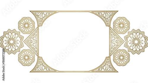 Intricate gold frame with floral patterns and geometric shapes on a white background for Ramadhan or Eid Mubarak celebrations.