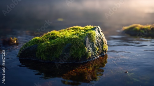 A moss-covered stone partially submerged in clear water illuminated by gentle rays filtering mist Rippling reflections create depth