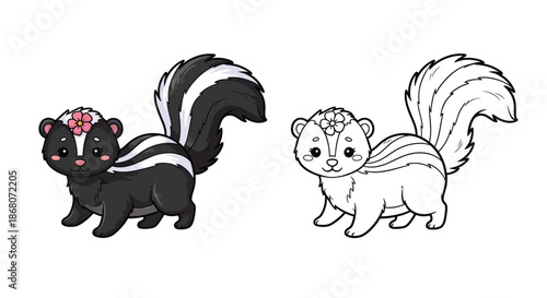 Cute Skunk and Squirrel Coloring Page With Floral Headpieces and Line Art Comparison