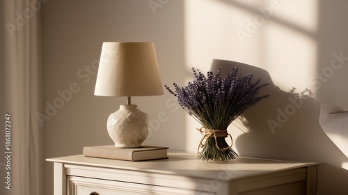 A neatly arranged nightstand with a ceramic lamp casting warm light a closed linen-bound book and a small