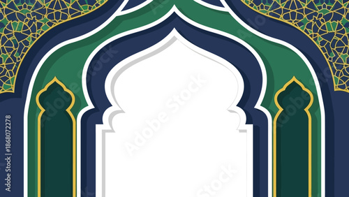 Eid Mubarak greeting card with a traditional Islamic arch frame in green, blue, and gold on a white background, celebrating Ramadhan.