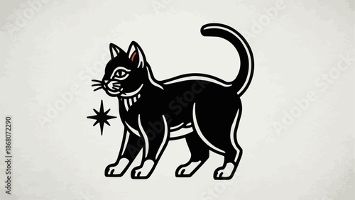 Black cat illustration with starburst graphic design.