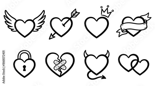 Black heart set including winged, arrow, crowned, ribbon, locked, broken, devil, and intertwined styles. Hand drawn romantic icon collection.