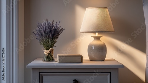 A neatly arranged nightstand with a ceramic lamp casting warm light a closed linen-bound book and a small