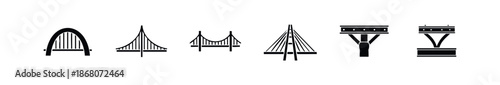 Collection of black bridge icons illustrating various architectural structures and engineering marvels for infrastructure projects, transportation concepts, or graphic design applications.