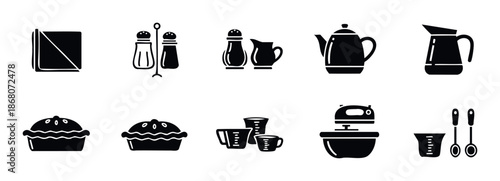 Collection of essential kitchen and baking icons including mixers, measuring cups, shakers, and pitchers, perfect for culinary blog graphics or recipe instructional guides