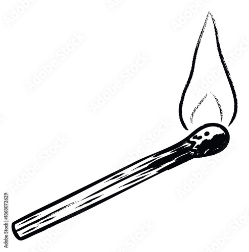 Monochrome sketch of a burning matchstick producing a bright flame, ideal for illustrating concepts of ignition, energy, or warmth in various educational presentations and safety
