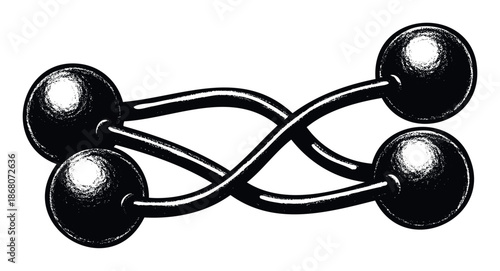 Distressed black and white graphic design illustrating four interconnected spherical objects linked by intertwining flexible rods, ideal for modern branding, unique packaging, or dynamic