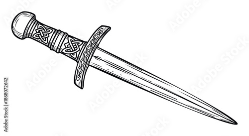 Black and white hand drawn dagger with intricate Celtic knotwork on the handle, perfect for fantasy book covers, medieval game assets, or mystical weapon illustrations.