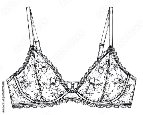 Hand drawn style outline of a feminine undergarment with ornate floral textile texture and decorative trim, ideal for fashion illustration projects and garment manufacturing documentation.