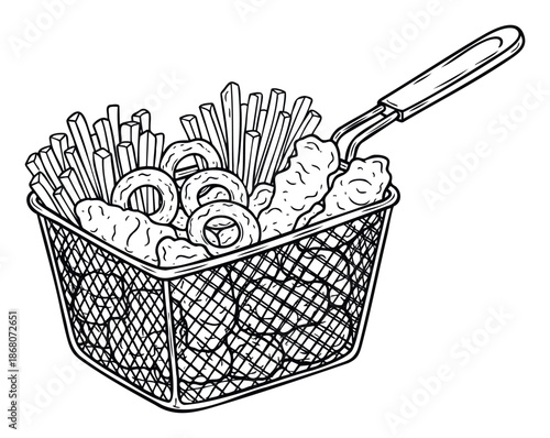 A monochromatic line drawing showcasing a wire deep fryer basket filled with an assortment of french fries, onion rings, and fried chicken, perfect for snack bar menus, fast food