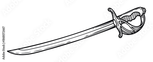 Stylized pirate sword line drawing featuring a sturdy curved blade and protective basket hilt evoking classic swashbuckling tales for themed projects and historical depictions