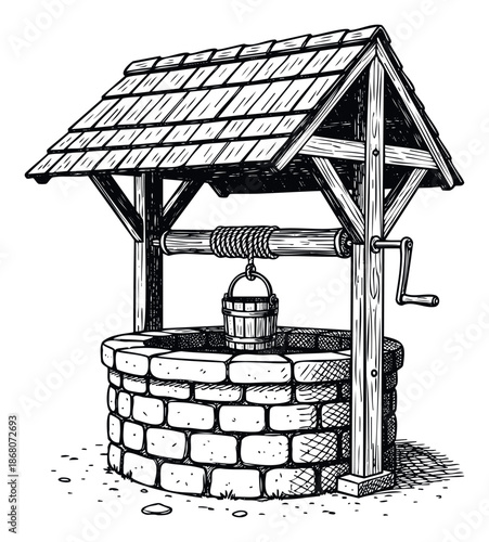 Classic rustic water well with a wooden roof, crank, and bucket for drawing water, perfect for traditional rural themes, folklore, and historical concepts.