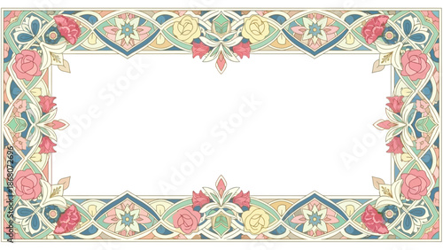 Vibrant floral frame with intricate patterns and colorful roses on a white background, perfect for Eid Mubarak or Ramadhan celebrations.