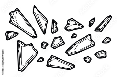 A scattered assortment of sharp broken glass fragments providing dynamic shattered imagery for graphic design projects and educational materials.