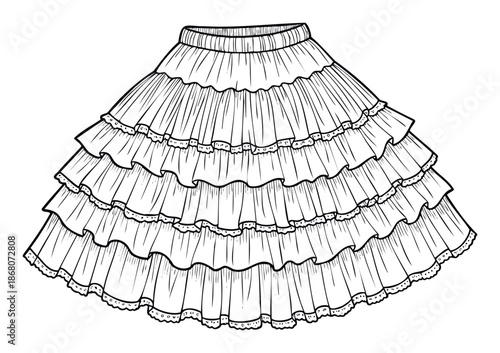 Elegant black and white line drawing of a charming ruffled skirt, perfect for costume design resources, clothing sketches, or childrens coloring book pages.
