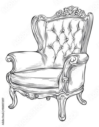 Ornate vintage armchair drawing featuring tufted upholstery and carved wooden accents provides a classic touch for home decor projects and historical themes.