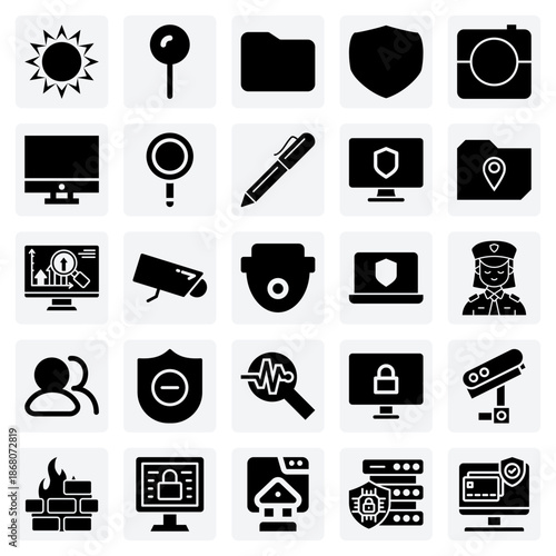 Application Security And Display Settings – Shield, Sun, And Monitor Graphics For Ui/Ux Design Kits.