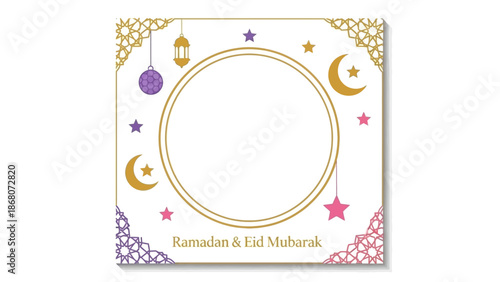 A colorful illustration of a Ramadan and Eid Mubarak frame with golden accents, stars, moons, and lanterns on a white background.