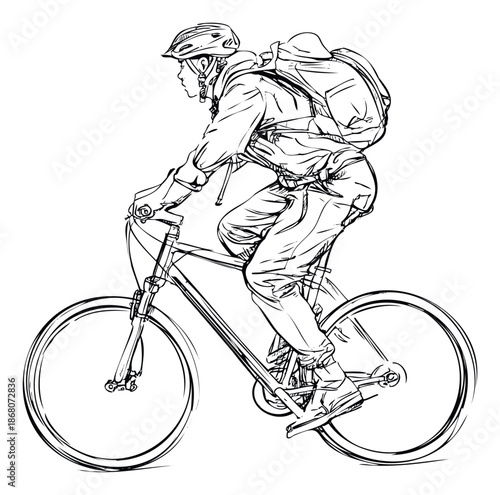 Dynamic sketch of a person wearing a helmet and backpack, riding a bicycle for outdoor adventure, fitness, or urban commuting lifestyle content.