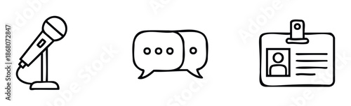 Set of essential communication and identification icons including a microphone, chat bubbles, and an ID badge, perfect for event promotion, digital interfaces, and professional
