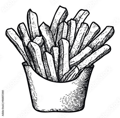 Engraved style delicious crispy potato fries served in a takeaway box ideal for vintage themed diner posters or fast food branding