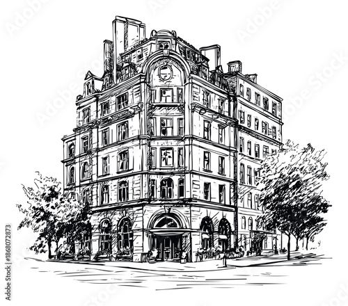 Detailed ink drawing of a classic city building featuring elegant windows and rooftop chimneys ideal for architectural studies historical presentations and graphic design layouts