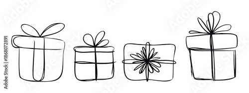 A collection of handdrawn black outline gift boxes with bows, suitable for holiday greetings, celebration announcements, and festive event invitations.