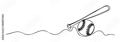 A continuous single line drawing depicts a baseball bat and ball, perfect for sports event promotions, athletic club branding, or graphic material for a dynamic website.