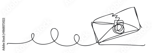 Continuous line drawing of an open envelope with a rolled document inside, symbolizing communication, correspondence, or delivery of information for business presentations and online