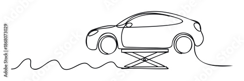 A continuous line drawing depicts a small vehicle being serviced on a mechanical lift, ideal for automotive service advertisements, repair shop promotions, or car maintenance guides.
